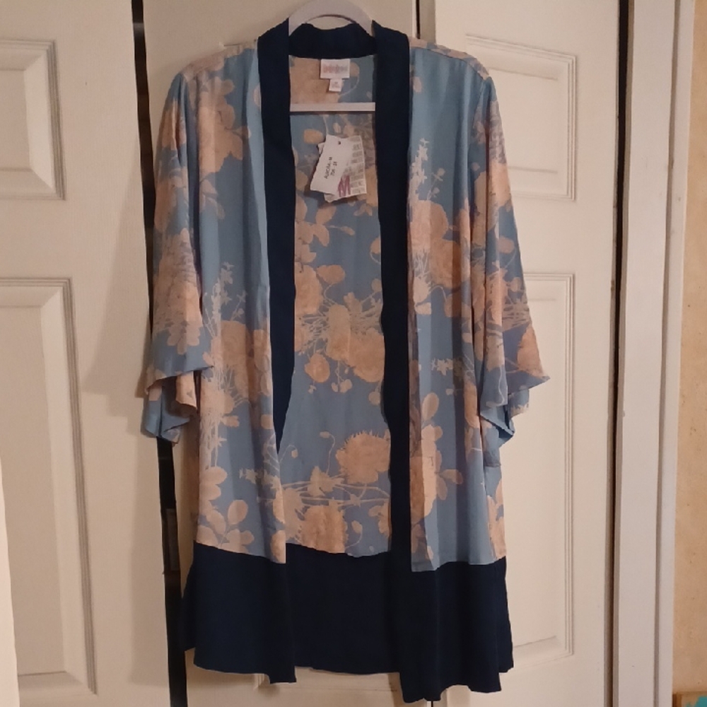 Lularoe Size M Floral Kimono Cardigan in Blue and Cream, NWT